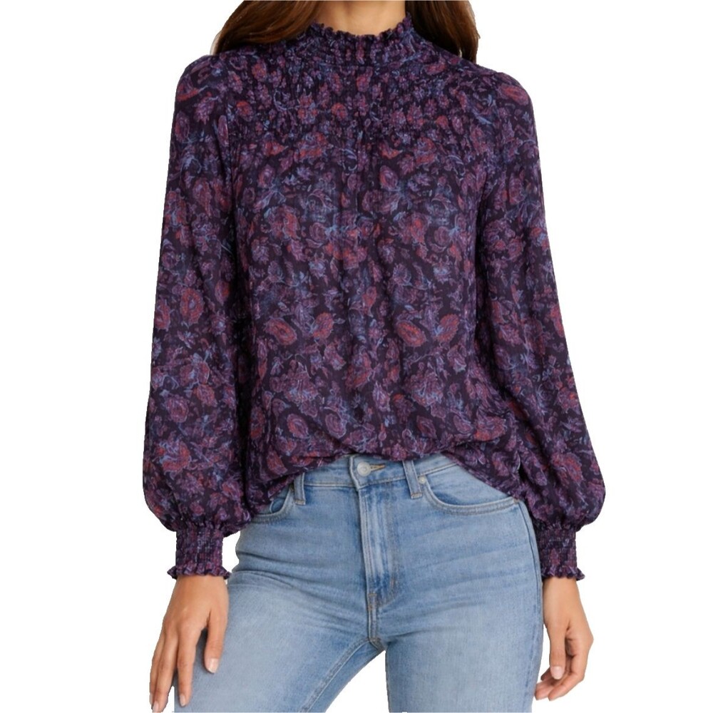 Joie Purple Floral Paisley Blouse Mock Neck Smocked Sheer Bishop Sleeve Top XS